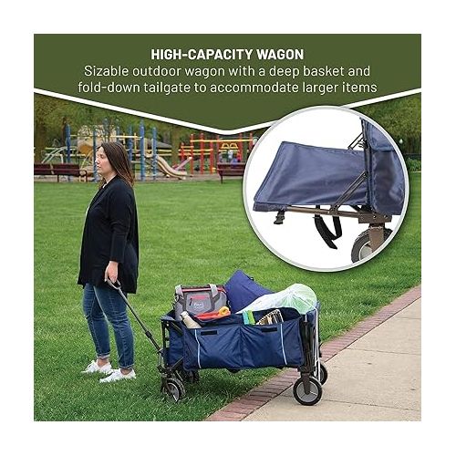  TIMBER RIDGE Tailgate Collapsible Folding Wagon Cart, Heavy Duty Utility Push Pull Beach Wagon Foldable, Outdoor Grocery Cart with Side Pockets for Camping, Garden, Shopping, Holds 180 lbs, Blue
