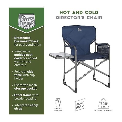  TIMBER RIDGE Hot and Cold Outdoor Folding Chairs with Cup Holder and Storage Pouch Ideal for Camping Lawn Patio Indoor, Heavy Duty Supports 300lbs, Blue