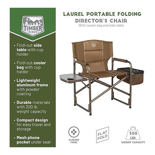  TIMBER RIDGE Folding Director Side Table for Adults Portable Camp Chairs for Outdoor, Lawn, Sports, Fishing, Heavy Duty Supports 300lbs, Earth Brown