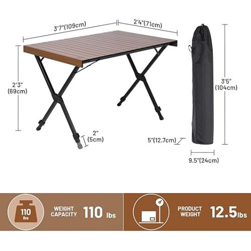  TIMBER RIDGE Folding Camping Table Adjustable Height, 4-6 Person Lightweight Aluminum Roll-up Table for Camping Outdoor Picnic BBQ Backyard Party Support 110lbs