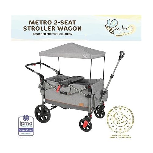  Busy Bee Foldable Wagon Stroller for 2 Kids, Push Pull Collapsible Kids Wagon with Adjustable Handle Bar, Removable Canopy, 5-Point Harness, Shock-Absorbing Wheels, Grey
