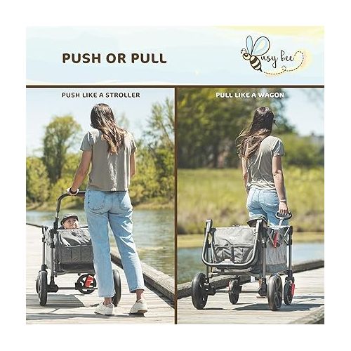  Busy Bee Foldable Wagon Stroller for 2 Kids, Push Pull Collapsible Kids Wagon with Adjustable Handle Bar, Removable Canopy, 5-Point Harness, Shock-Absorbing Wheels, Grey