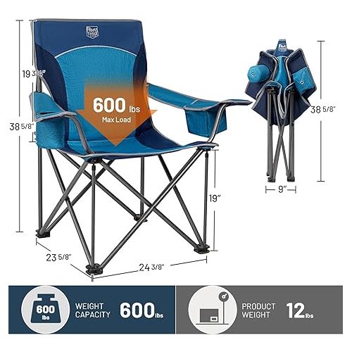  TIMBER RIDGE Oversized Folding Camping Chair for Adults, Support 600 LBS Heavy Duty with Cup Holder Side Pocket for Camp, Lawn, Picnic, Blue