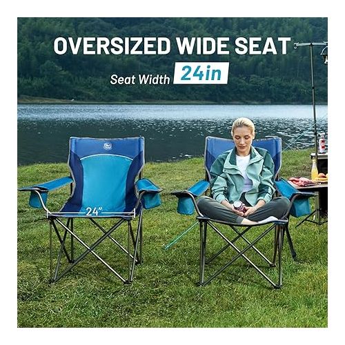  TIMBER RIDGE Oversized Folding Camping Chair for Adults, Support 600 LBS Heavy Duty with Cup Holder Side Pocket for Camp, Lawn, Picnic, Blue