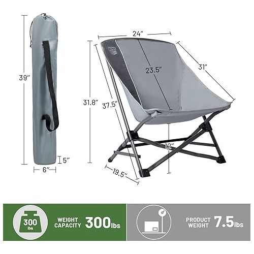  TIMBER RIDGE Folding Camping Chair for Adults, Stable Low Seat Beach Chairs with Carry Bag, Portable High Back Chair for Outdoor Camp Sand Lawn Concert, Supports 300Lbs Grey 2 Pack