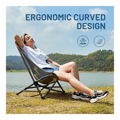  TIMBER RIDGE Folding Camping Chair for Adults, Stable Low Seat Beach Chairs with Carry Bag, Portable High Back Chair for Outdoor Camp Sand Lawn Concert, Supports 300Lbs Grey 2 Pack