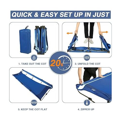  TIMBER RIDGE 20-Second Quick Set-Up Folding Camping Cot, Lightweight Outdoor Camping Cots for Adults with Carry Bag for Outdoor Travel, Tent Camping, Support up to 225lbs, Blue