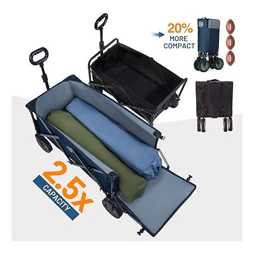  TIMBER RIDGE Collapsible Folding Wagon Cart with Tailgate, 300lbs Heavy Duty Foldable Utility Wagon with Adjustable Handle, 200L Capacity Portable Cart for Outdoor Camping Sports Shopping, Blue