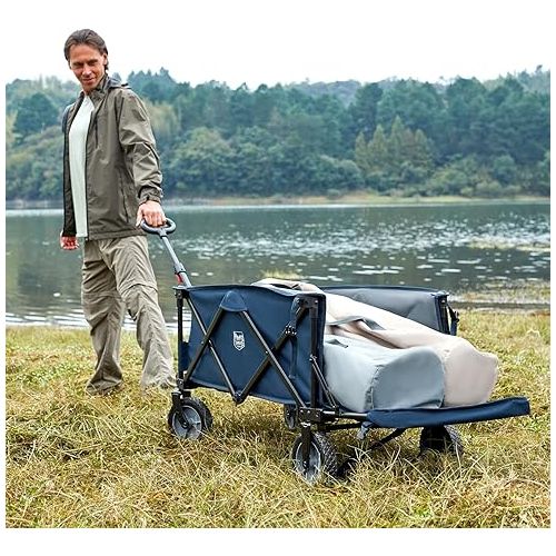  TIMBER RIDGE Collapsible Folding Wagon Cart with Tailgate, 300lbs Heavy Duty Foldable Utility Wagon with Adjustable Handle, 200L Capacity Portable Cart for Outdoor Camping Sports Shopping, Blue