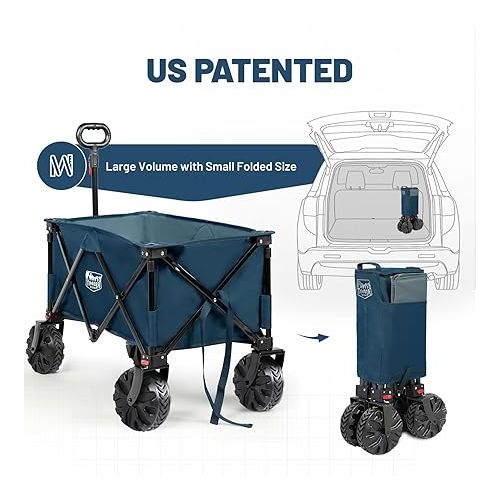  TIMBER RIDGE Outdoor Collapsible Wagon Utility Folding Cart Heavy Duty All Terrain Wheels for Shopping Camping Garden with Side Bag and Cup Holders, Blue