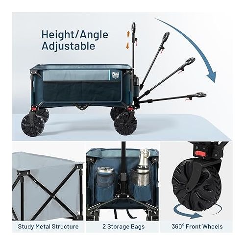  TIMBER RIDGE Outdoor Collapsible Wagon Utility Folding Cart Heavy Duty All Terrain Wheels for Shopping Camping Garden with Side Bag and Cup Holders, Blue