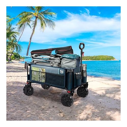  TIMBER RIDGE Outdoor Collapsible Wagon Utility Folding Cart Heavy Duty All Terrain Wheels for Shopping Camping Garden with Side Bag and Cup Holders, Blue