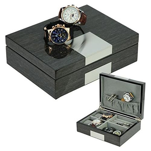  TimelyBuys Grey Ginko Lacquered Wood Watch Cufflink Case & Ring Storage Organizer Mens Jewelry Box