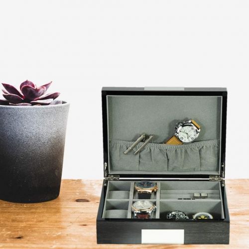  TimelyBuys Grey Ginko Lacquered Wood Watch Cufflink Case & Ring Storage Organizer Mens Jewelry Box