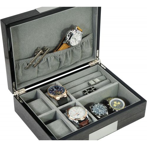  TimelyBuys Grey Ginko Lacquered Wood Watch Cufflink Case & Ring Storage Organizer Mens Jewelry Box