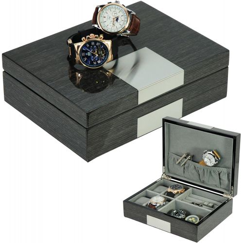  TimelyBuys Grey Ginko Lacquered Wood Watch Cufflink Case & Ring Storage Organizer Mens Jewelry Box