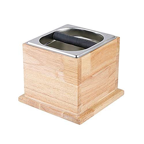  TINTON LIFE Espresso Knock Box Stainless Coffee Grind Knock Box Espresso Dump Bin Solid Wood Base Durable(6.69 x 7.91 x 7.91)