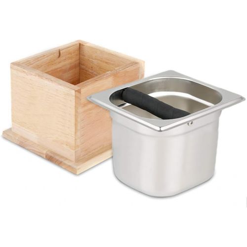  TINTON LIFE Espresso Knock Box Stainless Coffee Grind Knock Box Espresso Dump Bin Solid Wood Base Durable(6.69 x 7.91 x 7.91)