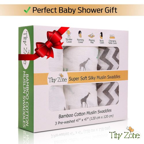  TINY ZONE Muslin Swaddle Blankets, Receiving Blankets for Newborn Boy, Girl, Unisex | Organic Bamboo Cotton with Bonus Bib (3 Pack)| Baby Swaddle Blanket, Swaddle Wrap, Muslin Swaddle | Baby