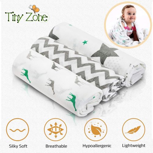  TINY ZONE Muslin Swaddle Blankets, Receiving Blankets for Newborn Boy, Girl, Unisex | Organic Bamboo Cotton with Bonus Bib (3 Pack)| Baby Swaddle Blanket, Swaddle Wrap, Muslin Swaddle | Baby