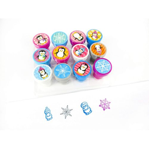  [아마존베스트]TINYMILLS 12 Pcs Penguin Stamp Kit for Kids Self Inking Stamps Gift Winter Party Favor Bag Stuffer Teacher Stamps