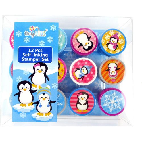  [아마존베스트]TINYMILLS 12 Pcs Penguin Stamp Kit for Kids Self Inking Stamps Gift Winter Party Favor Bag Stuffer Teacher Stamps