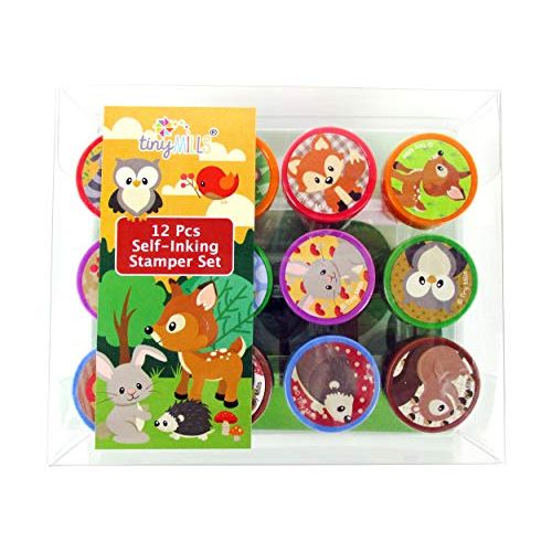  [아마존베스트]TINYMILLS 12 Pcs Woodland Animals Critters Stamp Kit for Kids Self Inking Stamps Gift Baby Shower Party Favors