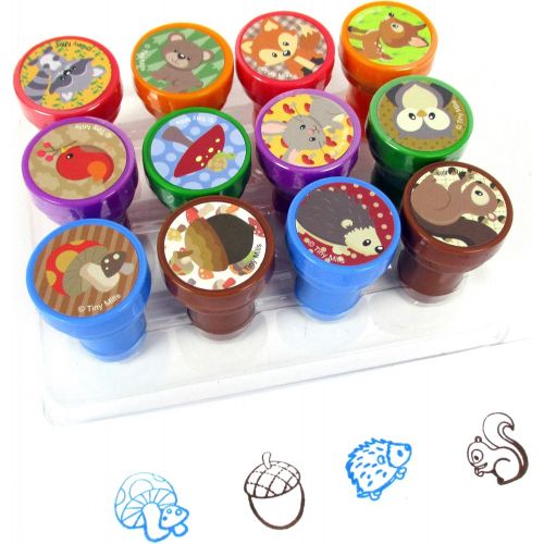  [아마존베스트]TINYMILLS 12 Pcs Woodland Animals Critters Stamp Kit for Kids Self Inking Stamps Gift Baby Shower Party Favors