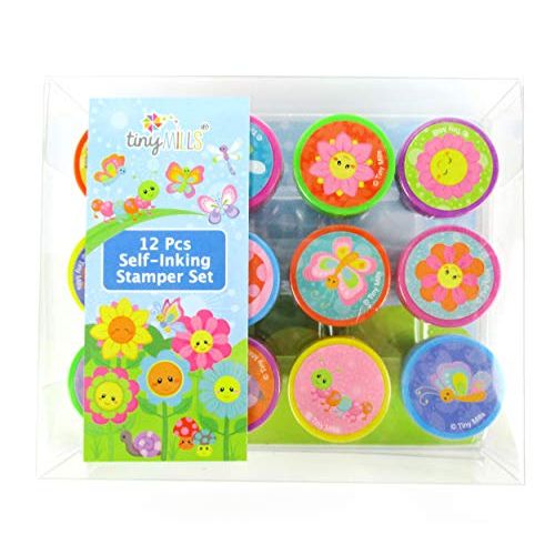  [아마존베스트]TINYMILLS 12 Pcs Spring Flowers Butterfly Stamp Kit for Kids Self Inking Stamps Gift Easter Basket Filler Rewards