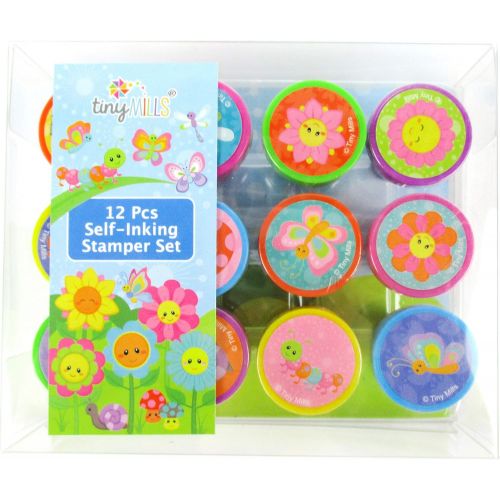  [아마존베스트]TINYMILLS 12 Pcs Spring Flowers Butterfly Stamp Kit for Kids Self Inking Stamps Gift Easter Basket Filler Rewards