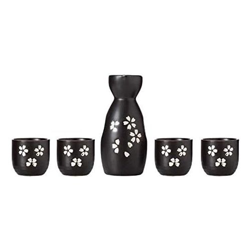  [아마존베스트]TJ Global 5-Piece Sake Set, Durable Ceramic Japanese Sake Set with 1 Carafe/Decanter/Tokkuri Bottle and 4 Ochoko cups for Hot or Cold Sake at Home or Restaurant - Black with White