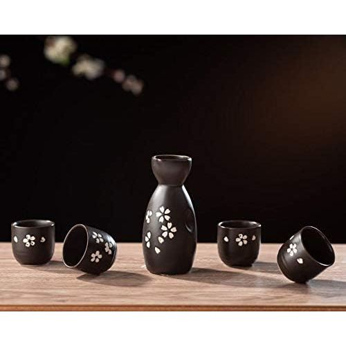  [아마존베스트]TJ Global 5-Piece Sake Set, Durable Ceramic Japanese Sake Set with 1 Carafe/Decanter/Tokkuri Bottle and 4 Ochoko cups for Hot or Cold Sake at Home or Restaurant - Black with White