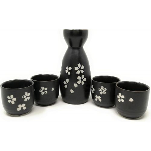  [아마존베스트]TJ Global 5-Piece Sake Set, Durable Ceramic Japanese Sake Set with 1 Carafe/Decanter/Tokkuri Bottle and 4 Ochoko cups for Hot or Cold Sake at Home or Restaurant - Black with White