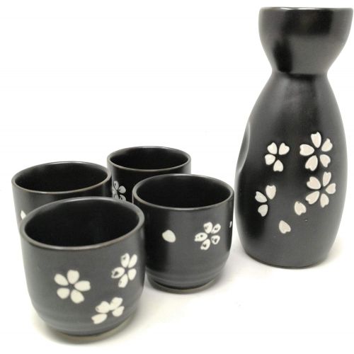  [아마존베스트]TJ Global 5-Piece Sake Set, Durable Ceramic Japanese Sake Set with 1 Carafe/Decanter/Tokkuri Bottle and 4 Ochoko cups for Hot or Cold Sake at Home or Restaurant - Black with White