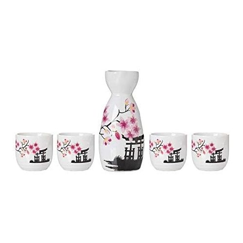  [아마존베스트]TJ Global 5-Piece Sake Set, Durable Ceramic Japanese Sake Set with 1 Carafe/Decanter/Tokkuri Bottle and 4 Ochoko cups for Hot or Cold Sake at Home or Restaurant - Temple and Flower