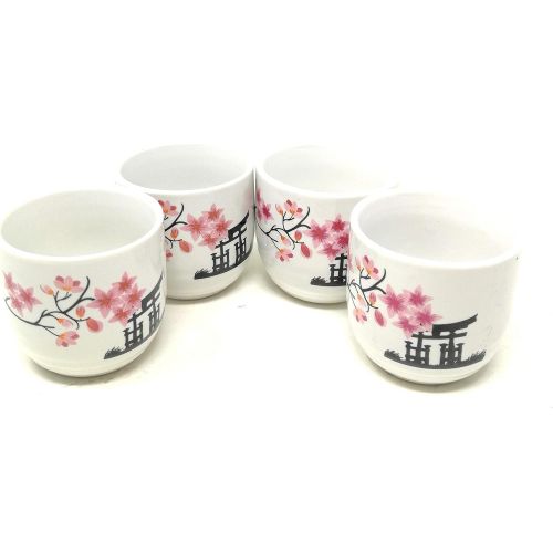  [아마존베스트]TJ Global 5-Piece Sake Set, Durable Ceramic Japanese Sake Set with 1 Carafe/Decanter/Tokkuri Bottle and 4 Ochoko cups for Hot or Cold Sake at Home or Restaurant - Temple and Flower