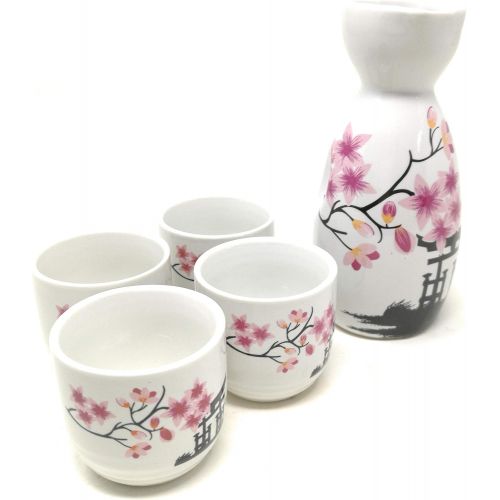  [아마존베스트]TJ Global 5-Piece Sake Set, Durable Ceramic Japanese Sake Set with 1 Carafe/Decanter/Tokkuri Bottle and 4 Ochoko cups for Hot or Cold Sake at Home or Restaurant - Temple and Flower