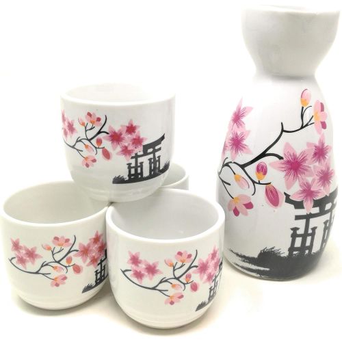  [아마존베스트]TJ Global 5-Piece Sake Set, Durable Ceramic Japanese Sake Set with 1 Carafe/Decanter/Tokkuri Bottle and 4 Ochoko cups for Hot or Cold Sake at Home or Restaurant - Temple and Flower