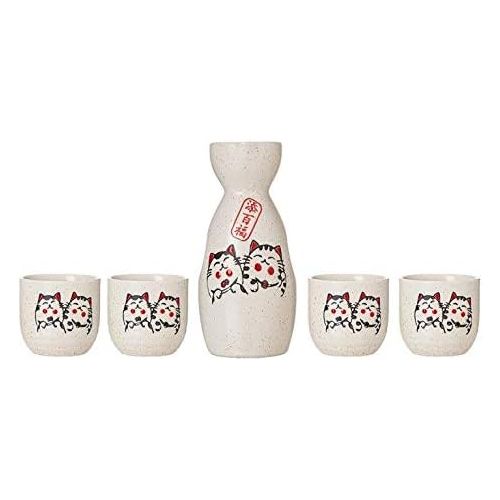  [아마존베스트]TJ Global 5-Piece Sake Set, Durable Ceramic Japanese Sake Set with 1 Carafe/Decanter/Tokkuri Bottle and 4 Ochoko cups for Hot or Cold Sake at Home or Restaurant - Cute Cat Design