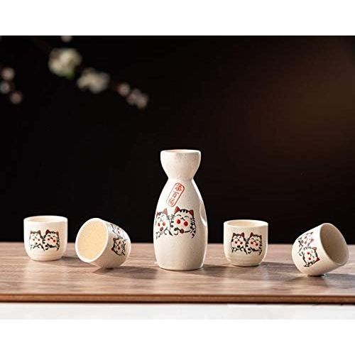  [아마존베스트]TJ Global 5-Piece Sake Set, Durable Ceramic Japanese Sake Set with 1 Carafe/Decanter/Tokkuri Bottle and 4 Ochoko cups for Hot or Cold Sake at Home or Restaurant - Cute Cat Design