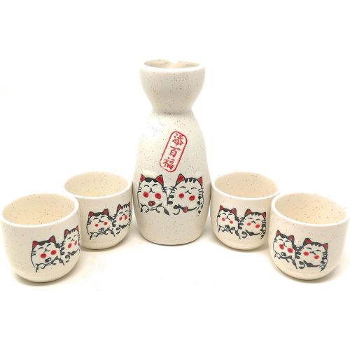  [아마존베스트]TJ Global 5-Piece Sake Set, Durable Ceramic Japanese Sake Set with 1 Carafe/Decanter/Tokkuri Bottle and 4 Ochoko cups for Hot or Cold Sake at Home or Restaurant - Cute Cat Design