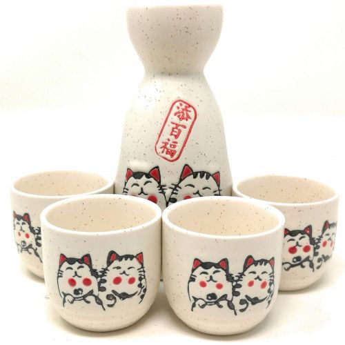  [아마존베스트]TJ Global 5-Piece Sake Set, Durable Ceramic Japanese Sake Set with 1 Carafe/Decanter/Tokkuri Bottle and 4 Ochoko cups for Hot or Cold Sake at Home or Restaurant - Cute Cat Design