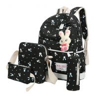 TLOOWY 4 Pcs Teen Girls Cute Lightweight Canvas Backpack Set Rabbit Bookbag Laptop School Backpack Shoulder Bag Handbag