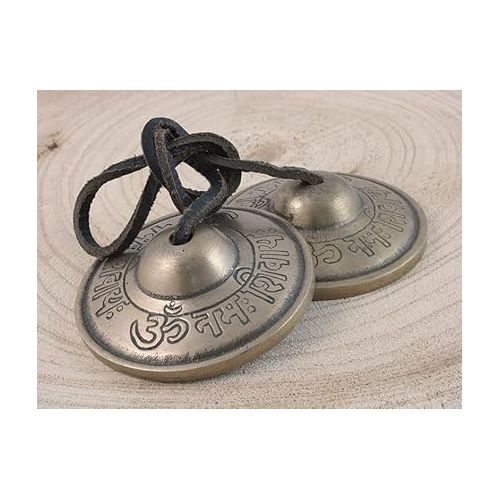  2.25” Diameter Tibetan Tingsha Bell Cymbals Set - Om Nama Shivay Embossed Chimes - Great for Yoga, Meditation, Spiritual, Mindfulness or Relaxation - Handmade in Nepal