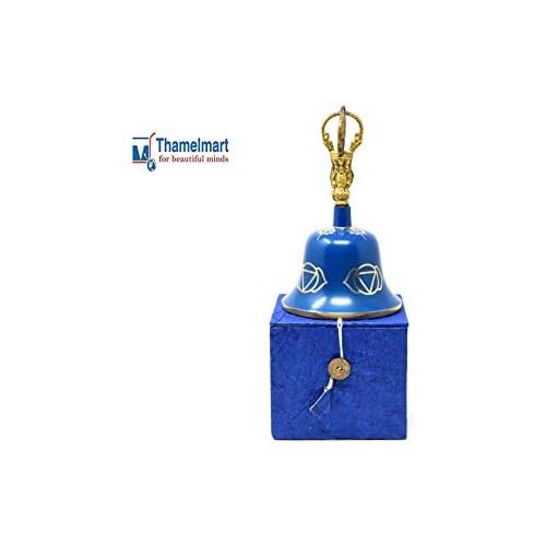  TM THAMELMART FOR BEAUTIFUL MINDS Tibetan Buddhist Meditation Bell Chakra Color - Bell of Enlightenment from Nepal 8 Inches Including free Box … (Blue)