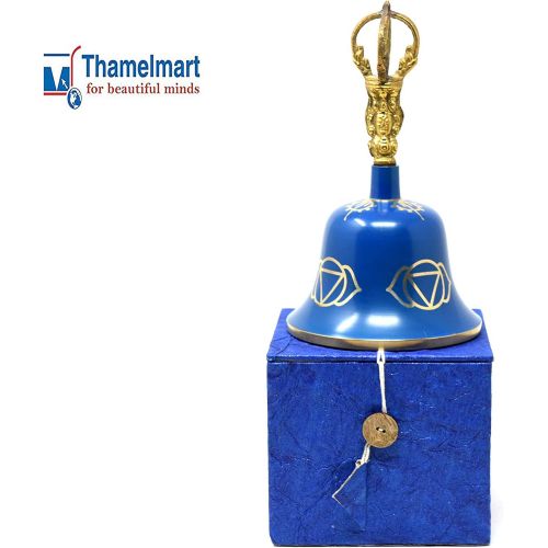  TM THAMELMART FOR BEAUTIFUL MINDS Tibetan Buddhist Meditation Bell Chakra Color - Bell of Enlightenment from Nepal 8 Inches Including free Box … (Blue)