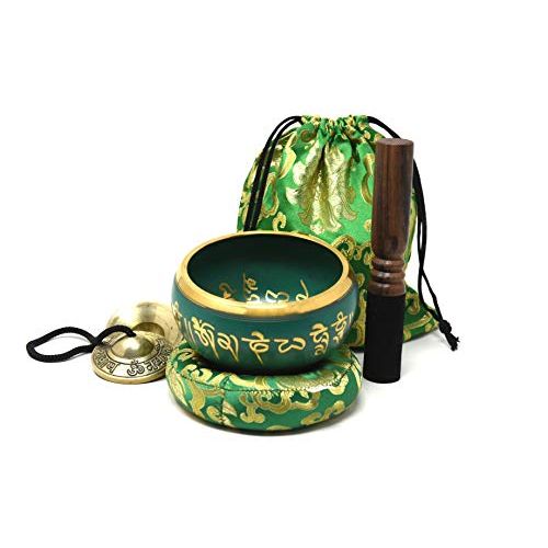  TM THAMELMART FOR BEAUTIFUL MINDS 5 Inch Tibetan Meditation Yoga Singing Bowl Set with free Om Tingsha cymbals,wooden Mallet Silk Cushion and Carry bag from Nepal, Singing bowls.명상종 싱잉볼