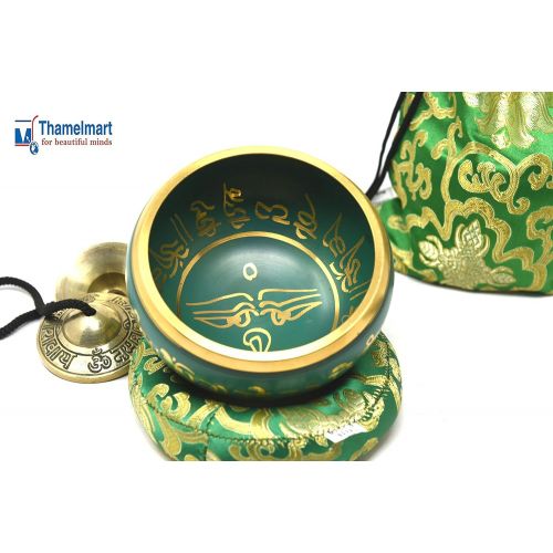  TM THAMELMART FOR BEAUTIFUL MINDS 5 Inch Tibetan Meditation Yoga Singing Bowl Set with free Om Tingsha cymbals,wooden Mallet Silk Cushion and Carry bag from Nepal, Singing bowls.명상종 싱잉볼