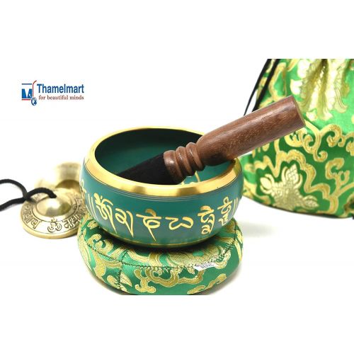  TM THAMELMART FOR BEAUTIFUL MINDS 5 Inch Tibetan Meditation Yoga Singing Bowl Set with free Om Tingsha cymbals,wooden Mallet Silk Cushion and Carry bag from Nepal, Singing bowls.명상종 싱잉볼