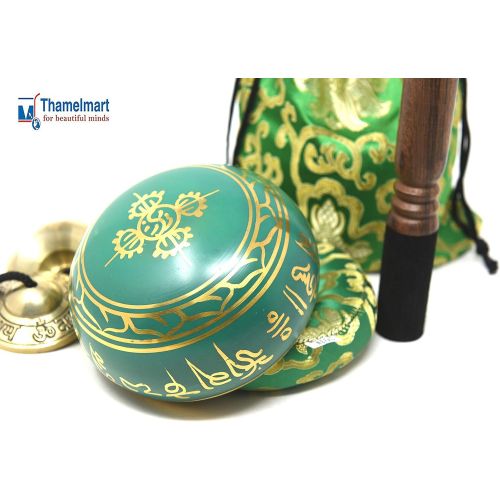  TM THAMELMART FOR BEAUTIFUL MINDS 5 Inch Tibetan Meditation Yoga Singing Bowl Set with free Om Tingsha cymbals,wooden Mallet Silk Cushion and Carry bag from Nepal, Singing bowls.명상종 싱잉볼